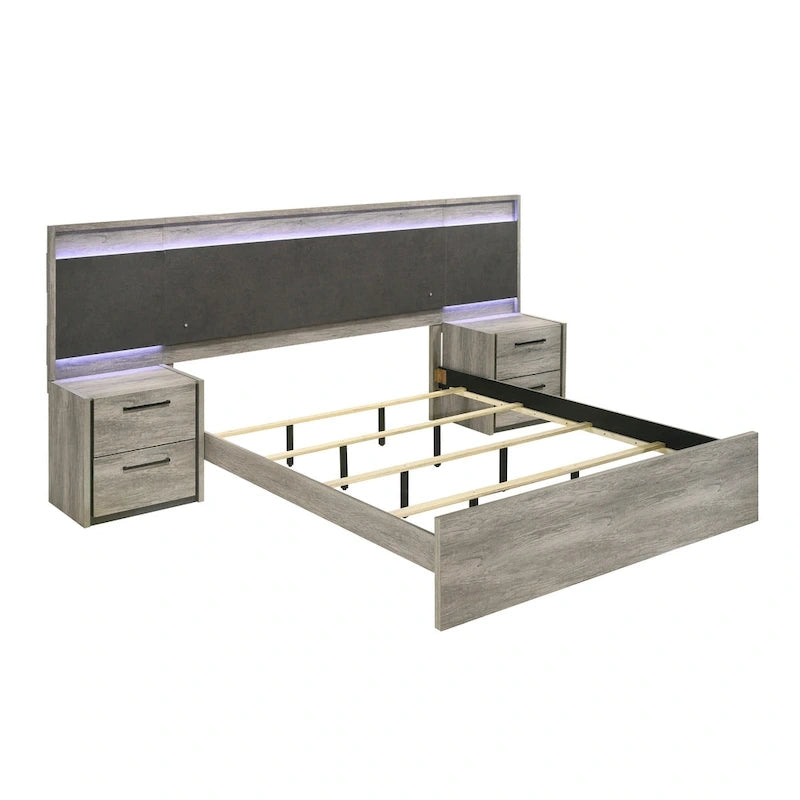 Roundhill Furniture Lenca LED Wallbed with Nightstands, Dresser, Mirror, and Chest - Weathered Gray