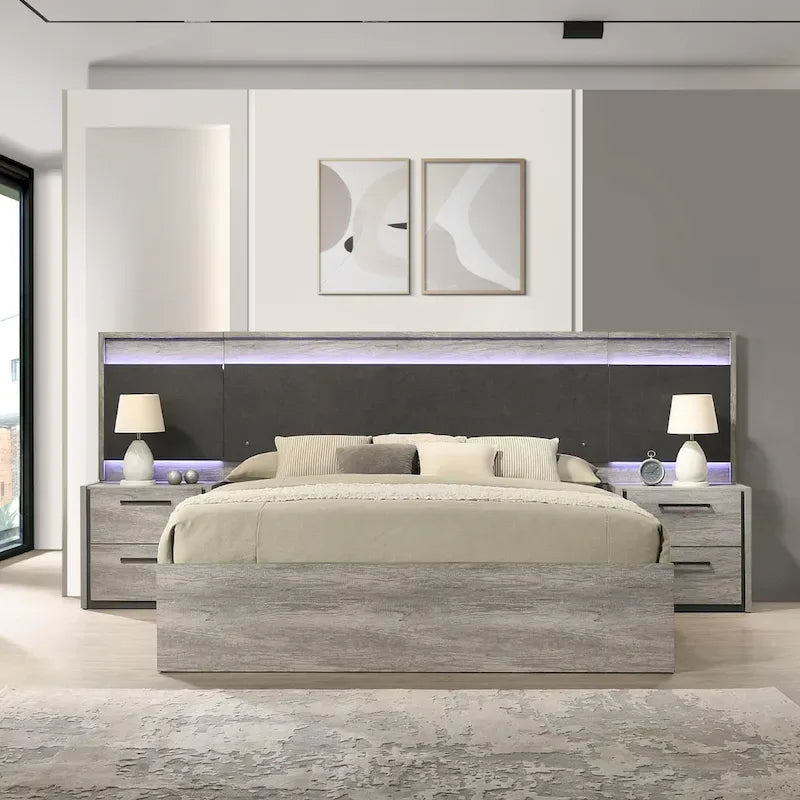 Roundhill Furniture Lenca LED Wallbed with Nightstands, Dresser, Mirror, and Chest - Weathered Gray