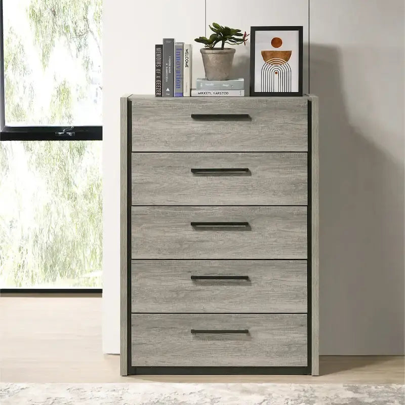 Roundhill Furniture Lenca LED Wallbed with Nightstands, Dresser, Mirror, and Chest - Weathered Gray