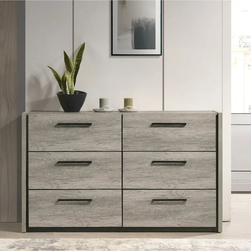 Roundhill Furniture Lenca LED Wallbed with Nightstands, Dresser, Mirror, and Chest - Weathered Gray