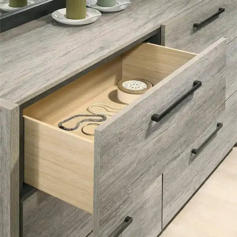 Roundhill Furniture Lenca LED Wallbed with Nightstands, Dresser, Mirror, and Chest - Weathered Gray