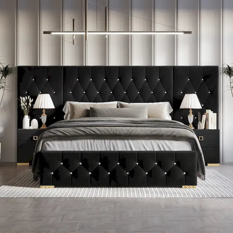 CraftPorch 3 Piece Bedroom Nightstands Set Luxurious Velvet Tufted Platform Bed