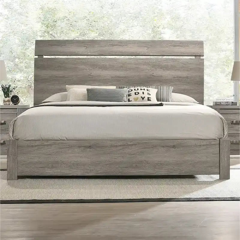 Roundhill Furniture Floren Contemporary Weathered Gray Wood Bedroom Set, Panel Bed, Dresser, Mirror, Nightstand
