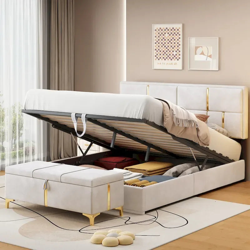 2-Pieces Bedroom Sets Queen Size Bed with Storage Ottoman
