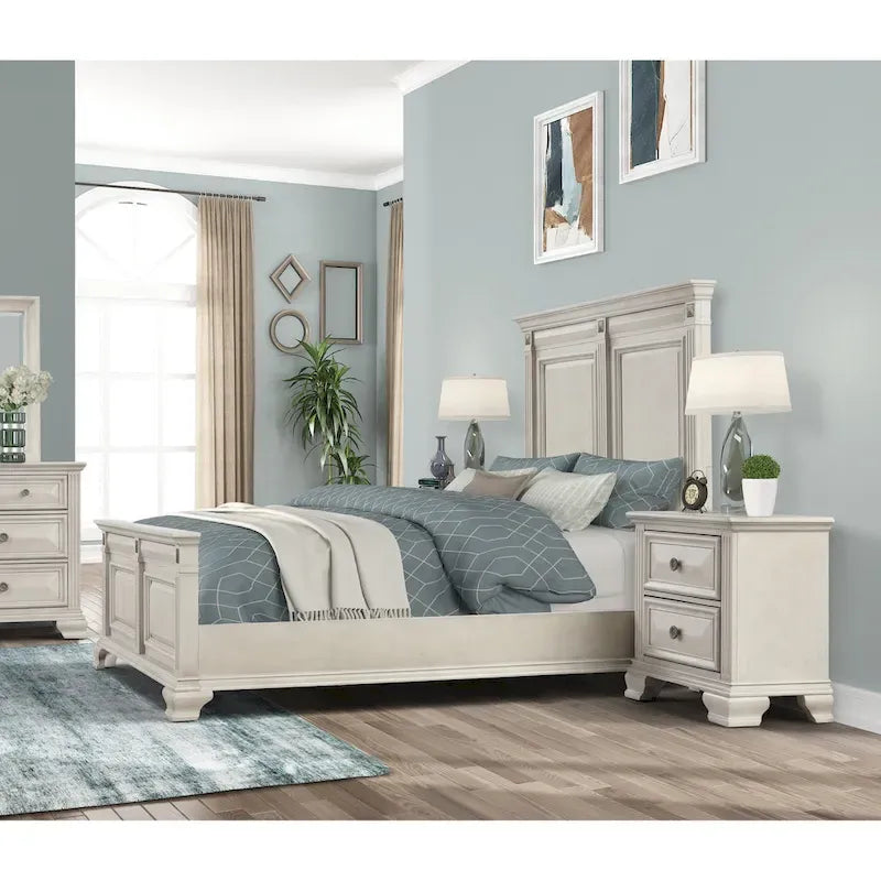 Roundhill Furniture Renova 3-Piece Distressed Parchment Wood Bedroom Set, Panel Bed with 2 Nightstands