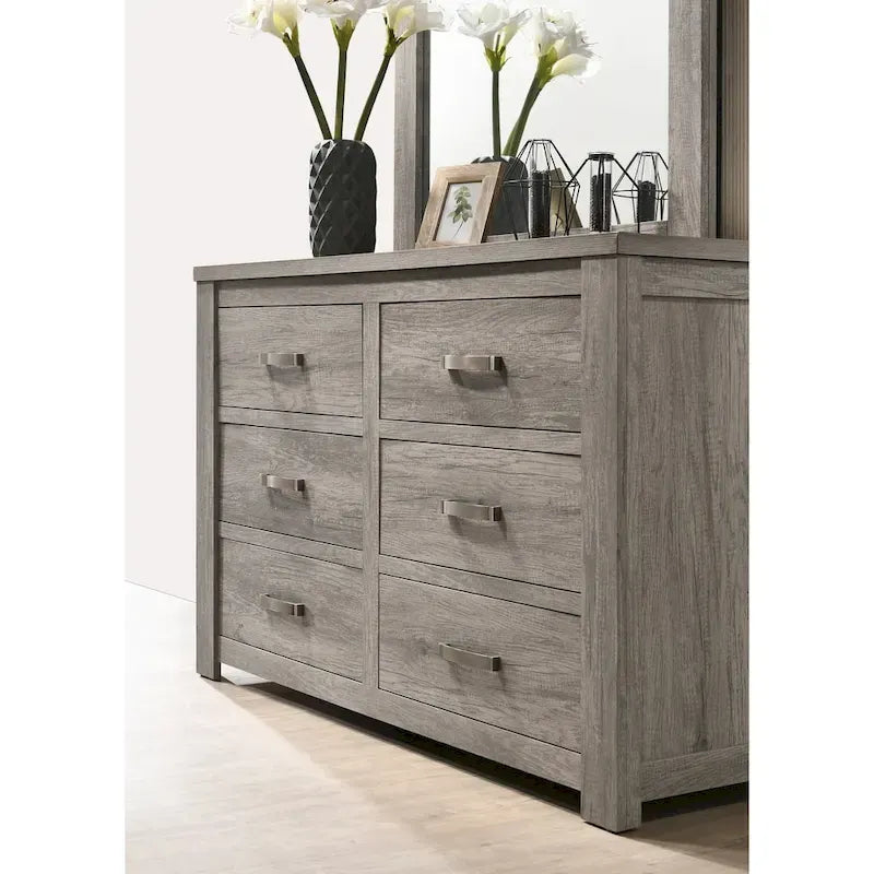Roundhill Furniture Floren Contemporary Weathered Gray Wood Bedroom Set, Panel Bed, Dresser, Mirror, Nightstand, Chest