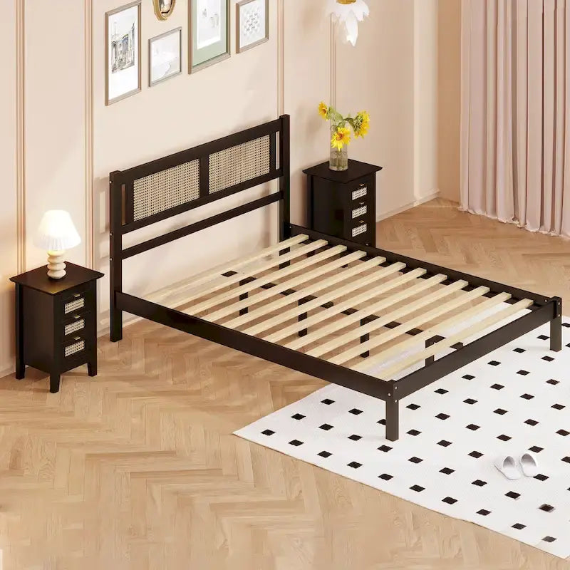 3-Pieces Bedroom Set Queen Size Wooden Platform Bed with Rattan Headboard, 2 Rattan Nightstands Surfaces & 3 Drawers, Black