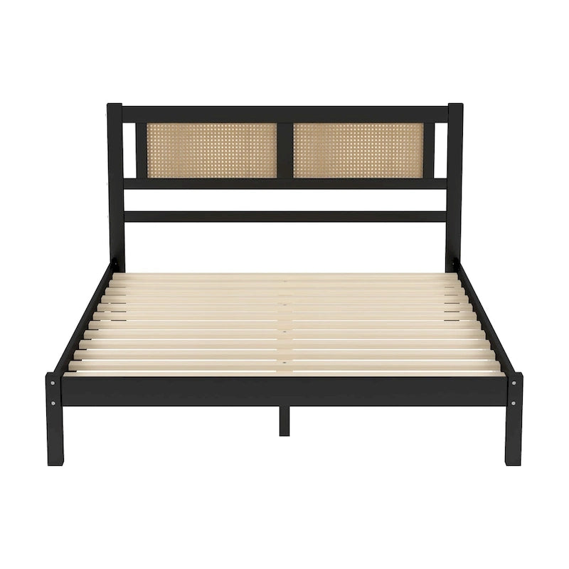 3-Pieces Bedroom Set Queen Size Wooden Platform Bed with Rattan Headboard, 2 Rattan Nightstands Surfaces & 3 Drawers, Black