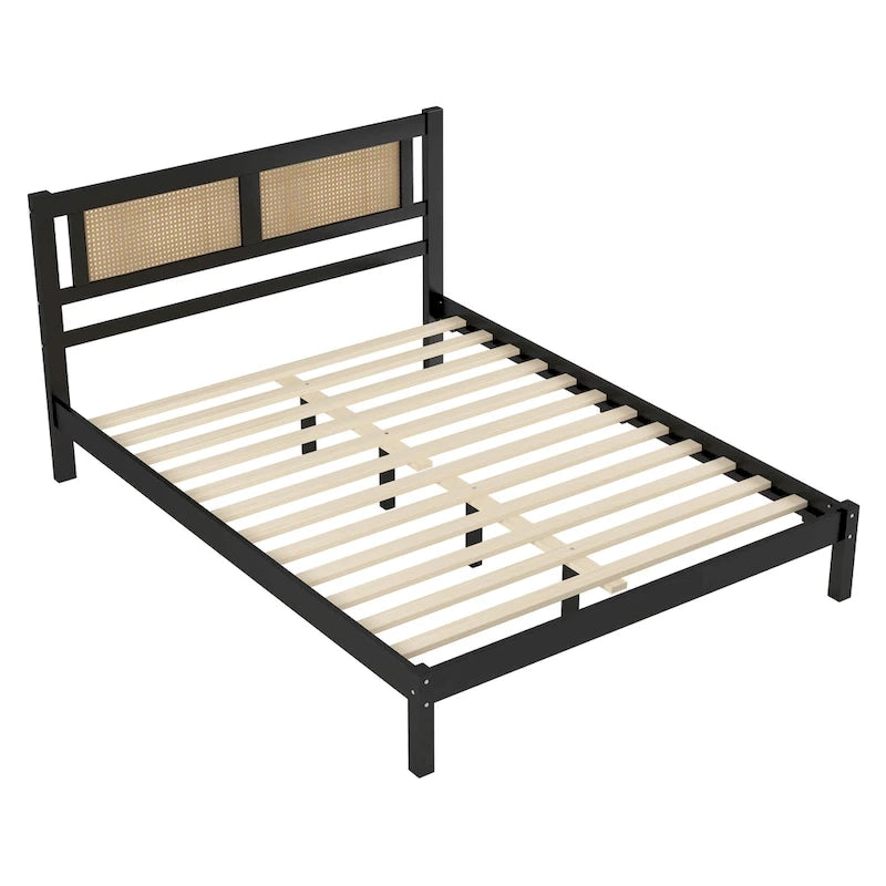 3-Pieces Bedroom Set Queen Size Wooden Platform Bed with Rattan Headboard, 2 Rattan Nightstands Surfaces & 3 Drawers, Black