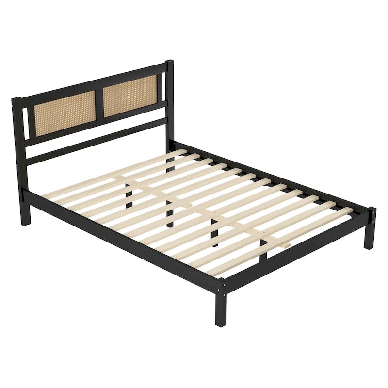 3-Pieces Bedroom Set Queen Size Wooden Platform Bed with Rattan Headboard, 2 Rattan Nightstands Surfaces & 3 Drawers, Black