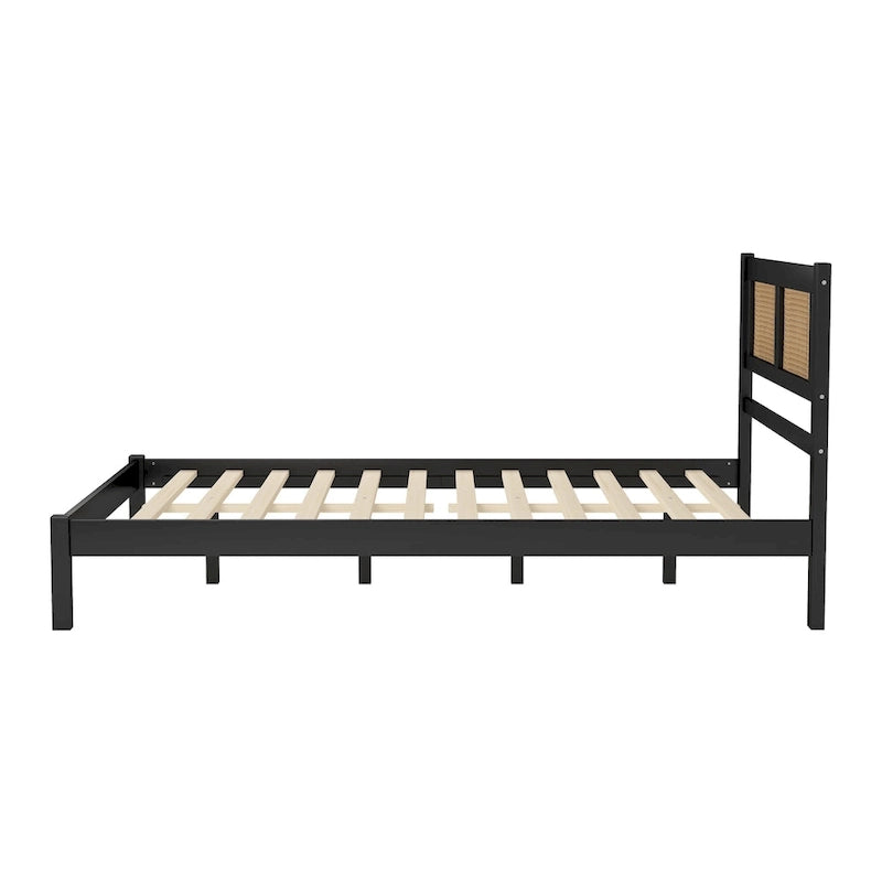3-Pieces Bedroom Set Queen Size Wooden Platform Bed with Rattan Headboard, 2 Rattan Nightstands Surfaces & 3 Drawers, Black
