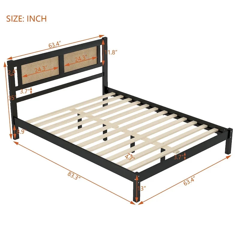 3-Pieces Bedroom Set Queen Size Wooden Platform Bed with Rattan Headboard, 2 Rattan Nightstands Surfaces & 3 Drawers, Black