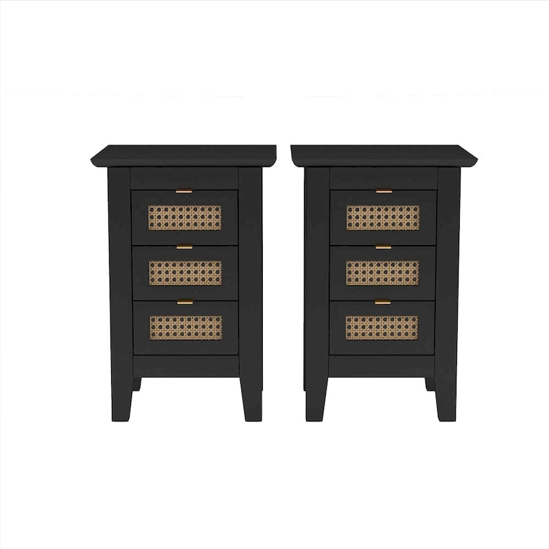 3-Pieces Bedroom Set Queen Size Wooden Platform Bed with Rattan Headboard, 2 Rattan Nightstands Surfaces & 3 Drawers, Black