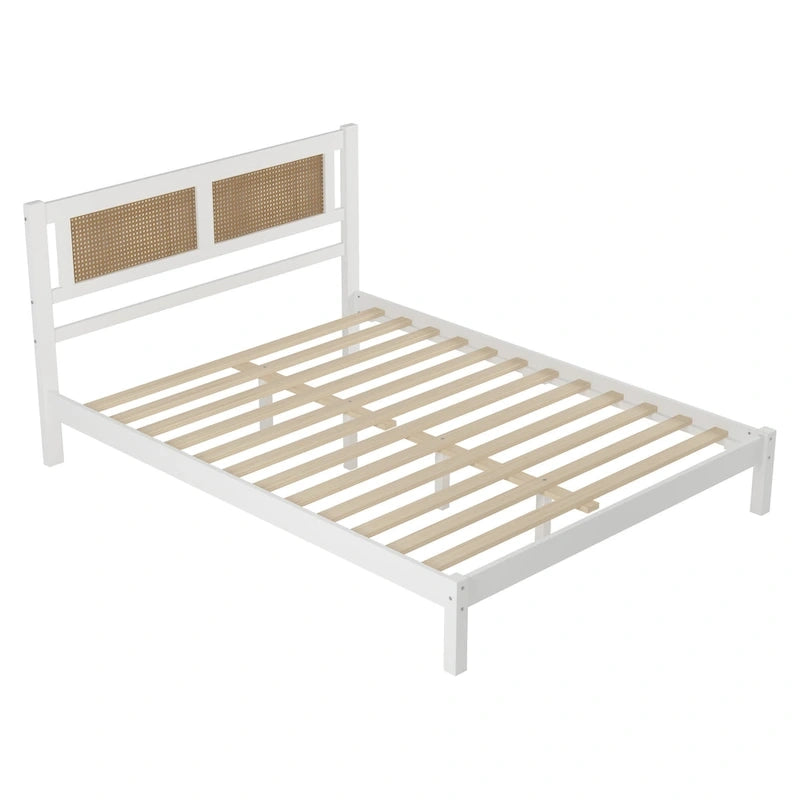 3-Pieces Bedroom Set Queen Size Wooden Platform Bed with Rattan Headboard, 2 Rattan Nightstands Surfaces & 3 Drawers, Black
