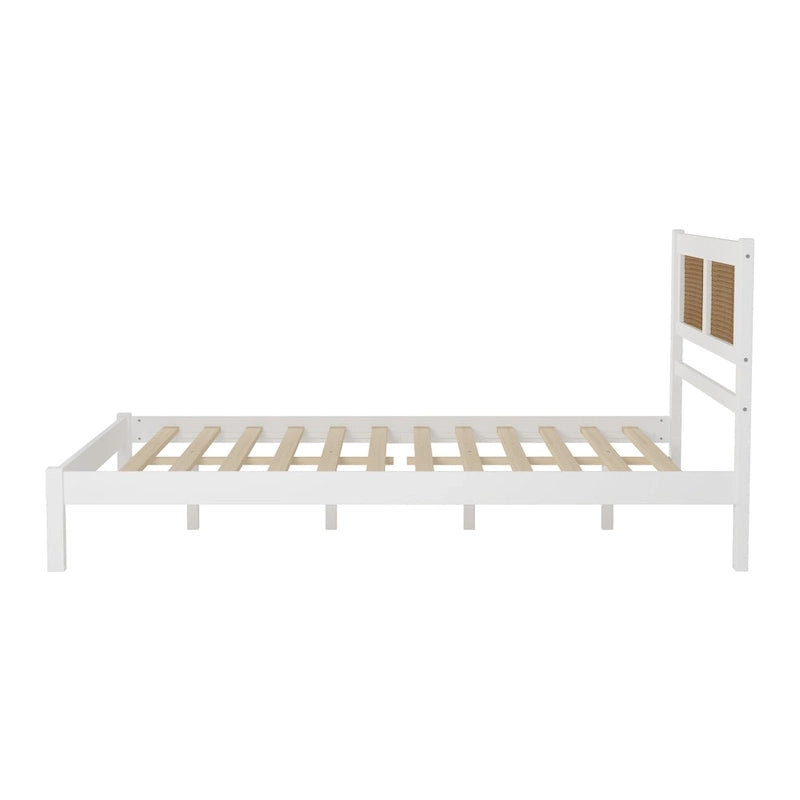 3-Pieces Bedroom Set Queen Size Wooden Platform Bed with Rattan Headboard, 2 Rattan Nightstands Surfaces & 3 Drawers, Black