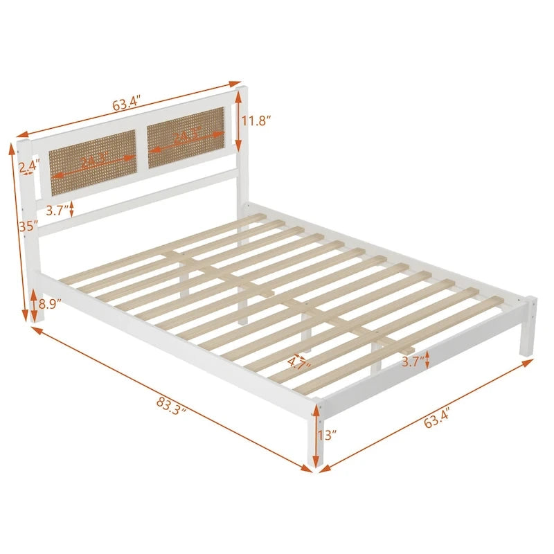 3-Pieces Bedroom Set Queen Size Wooden Platform Bed with Rattan Headboard, 2 Rattan Nightstands Surfaces & 3 Drawers, Black