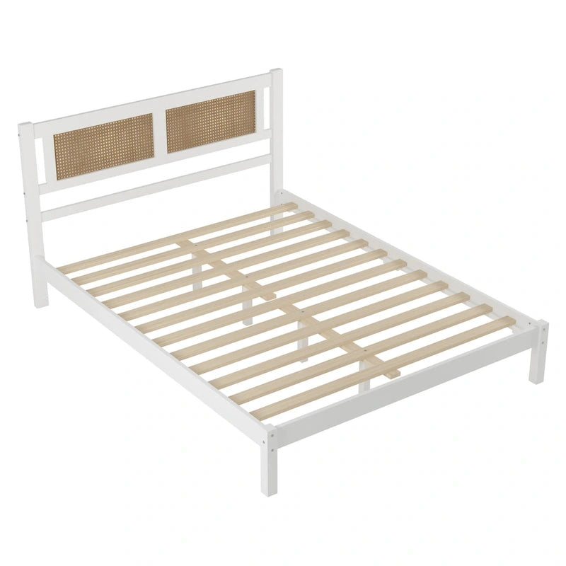 3-Pieces Bedroom Set Queen Size Wooden Platform Bed with Rattan Headboard, 2 Rattan Nightstands Surfaces & 3 Drawers, Black