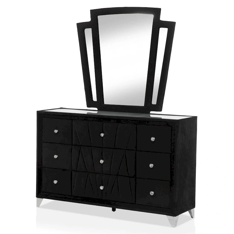 Ambrosia Glam Black Fabric Upholstered Nailhead 5-Piece Panel Bedroom Set by Furniture of America