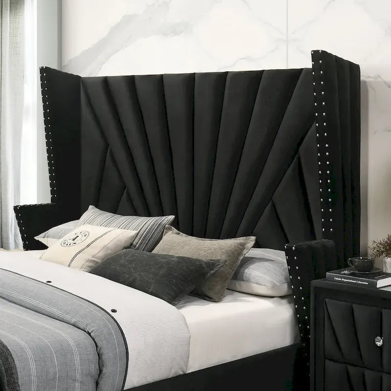 Ambrosia Glam Black Fabric Upholstered Nailhead 3-Piece Panel Bedroom Set by Furniture of America