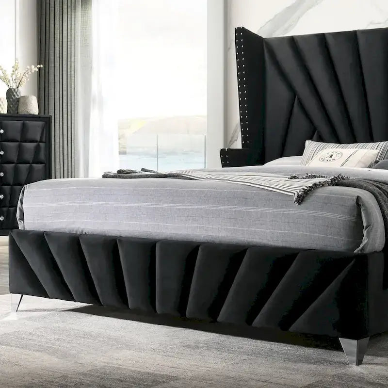 Ambrosia Glam Black Fabric Upholstered Nailhead 3-Piece Panel Bedroom Set by Furniture of America