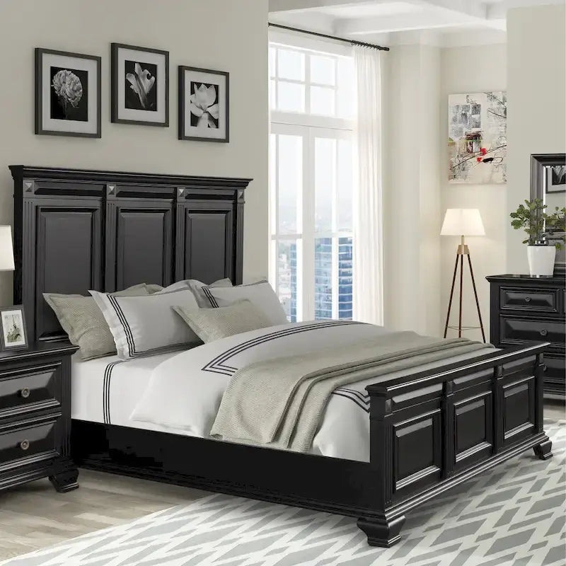 Roundhill Furniture Renova Vintage Black Wood Bedroom Set, Panel Bed, Dresser, Mirror, Two Nightstands