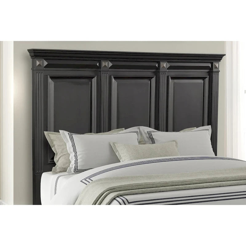 Roundhill Furniture Renova Vintage Black Wood Bedroom Set, Panel Bed, Dresser, Mirror, Two Nightstands