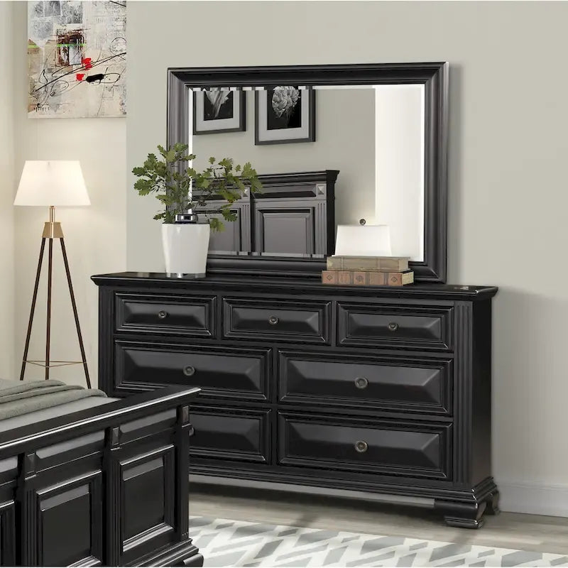Roundhill Furniture Renova Vintage Black Wood Bedroom Set, Panel Bed, Dresser, Mirror, Two Nightstands
