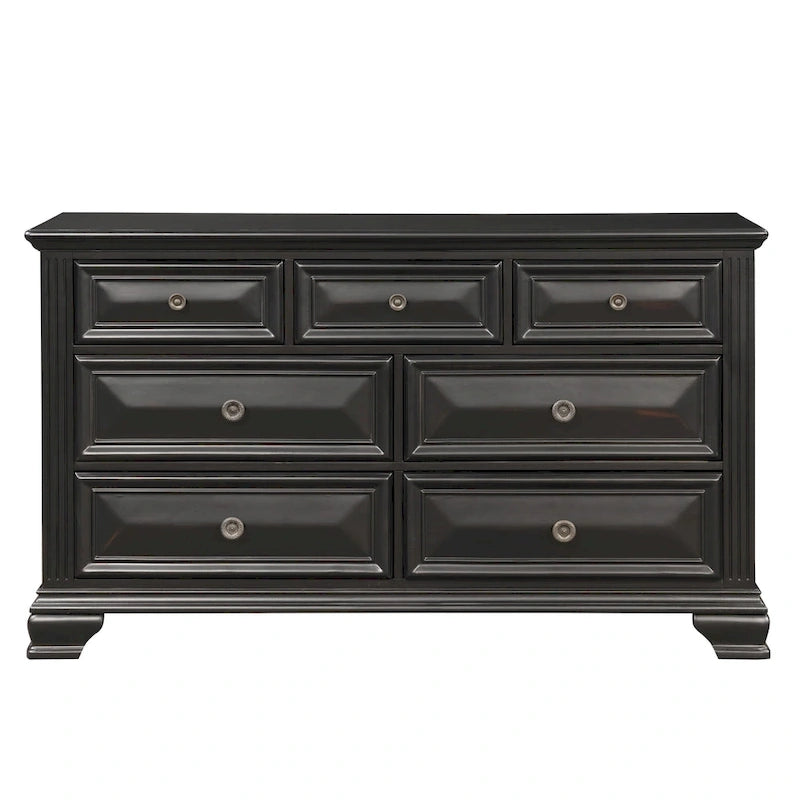 Roundhill Furniture Renova Vintage Black Wood Bedroom Set, Panel Bed, Dresser, Mirror, Two Nightstands