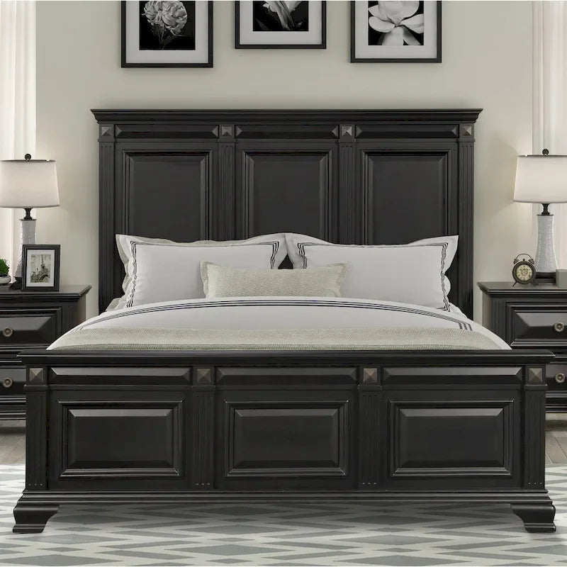 Roundhill Furniture Renova Vintage Black Wood Bedroom Set, Panel Bed, Dresser, Mirror, Two Nightstands