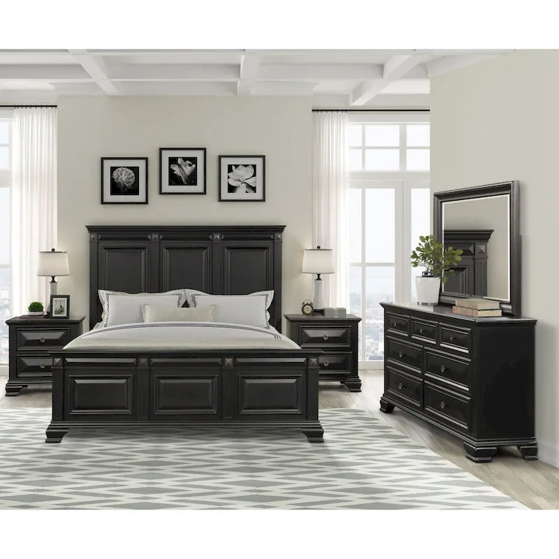 Roundhill Furniture Renova Vintage Black Wood Bedroom Set, Panel Bed, Dresser, Mirror, Two Nightstands
