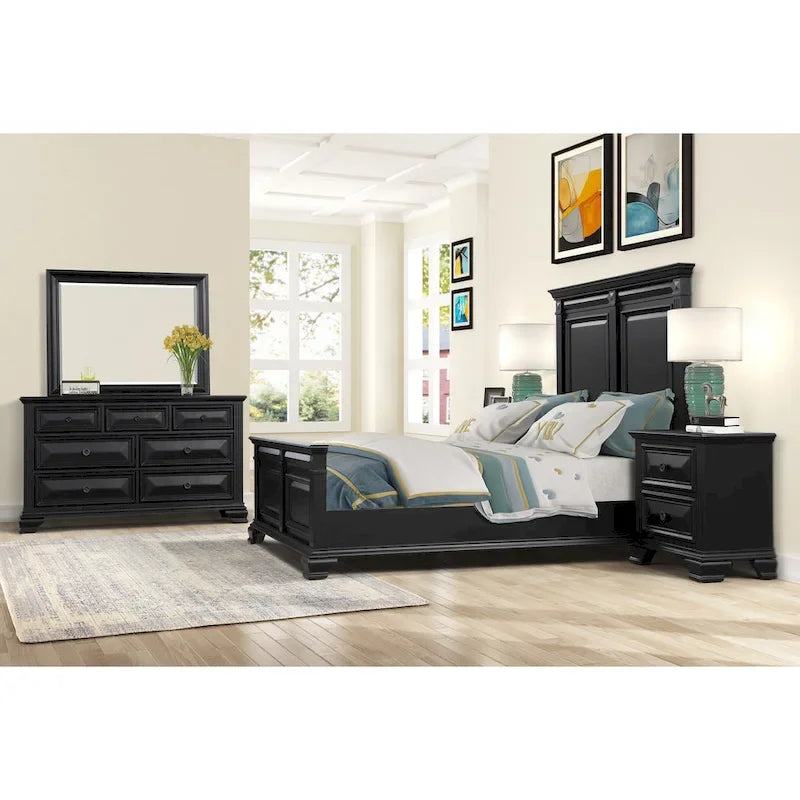 Roundhill Furniture Renova Vintage Black Wood Bedroom Set, Panel Bed, Dresser, Mirror, Two Nightstands
