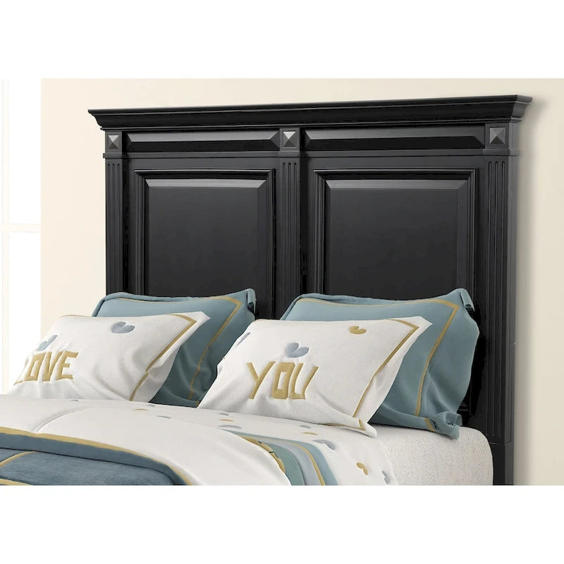 Roundhill Furniture Renova Vintage Black Wood Bedroom Set, Panel Bed, Dresser, Mirror, Two Nightstands