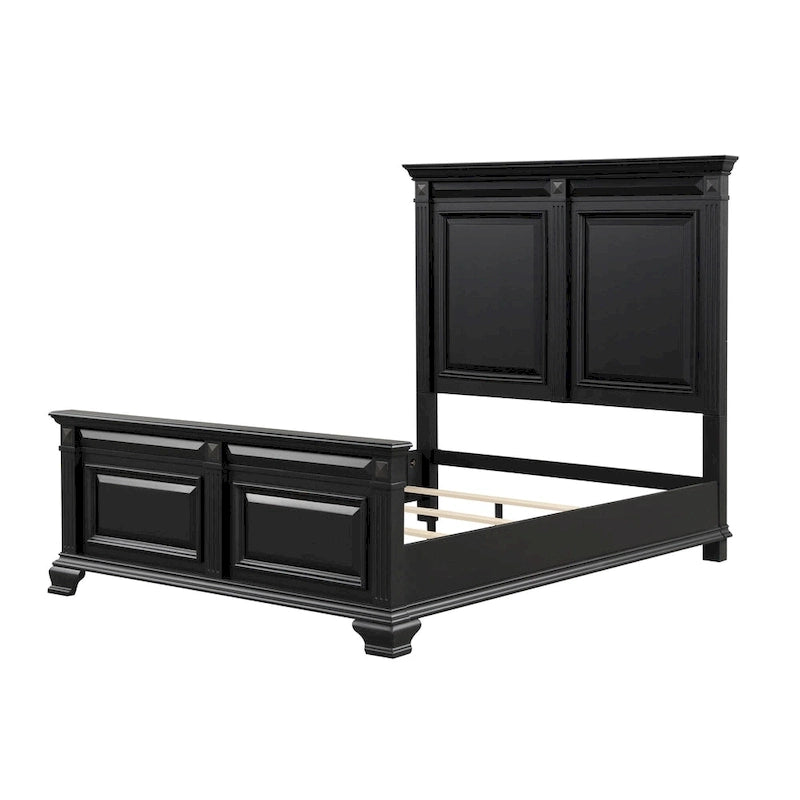 Roundhill Furniture Renova Vintage Black Wood Bedroom Set, Panel Bed, Dresser, Mirror, Two Nightstands