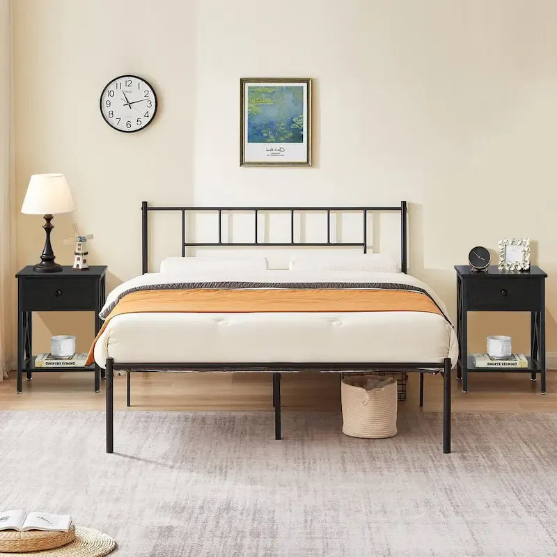 VECELO 3-Pieces Bed Frame with Wood Headboard and Modern Nightstands Set of 2