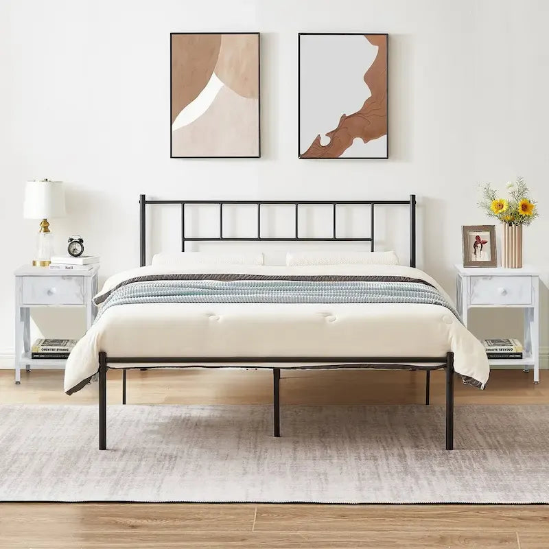 VECELO 3-Pieces Bed Frame with Wood Headboard and Modern Nightstands Set of 2