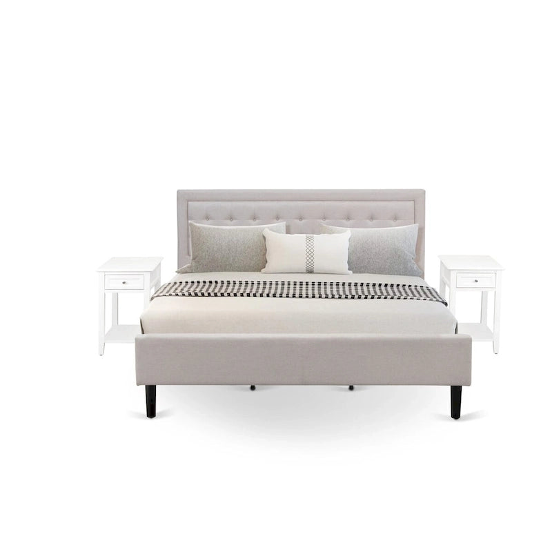 East West Furniture Platform King Size Bedroom Set with 1 Bed Frame and Nightstands - Mist Beige Linen Fabric(Pieces Options)