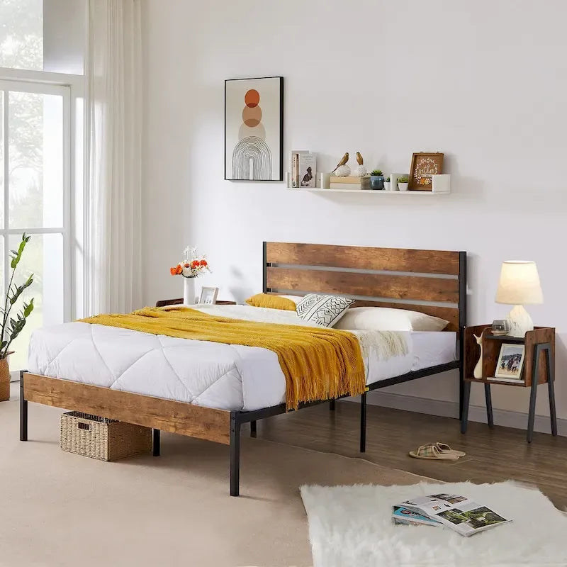 Javlergo 3-Piece Bedroom Sets Industrial metal Platform Bed Frame with Headboard and Set of 2 Nightstand, Rustic Brown