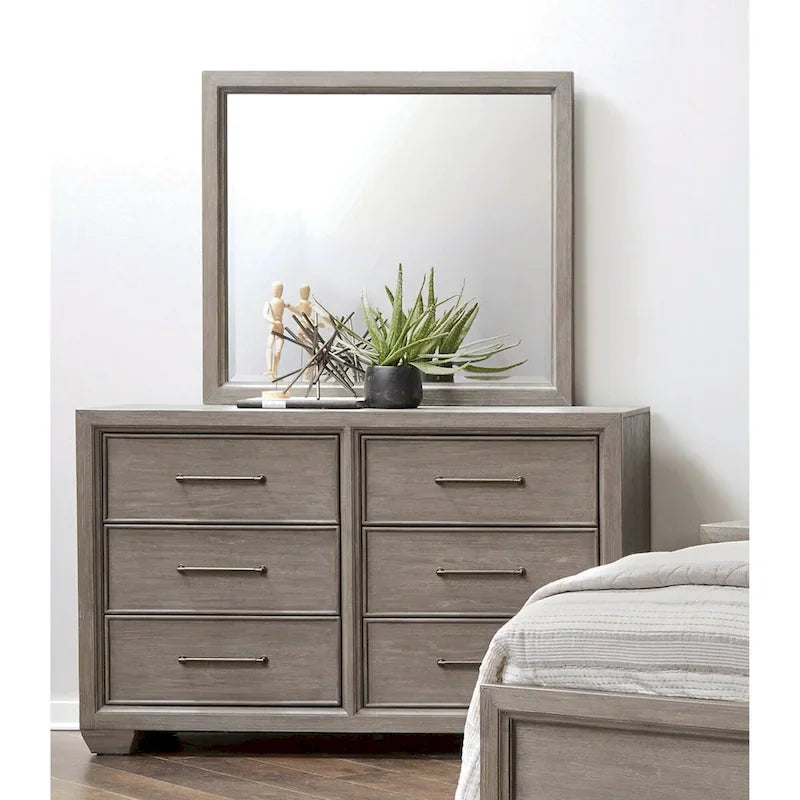 Roundhill Furniture Ennesley Gray Wood Bedroom Set with Upholstered Panel Bed, Dresser, Mirror, Nightstand, and Chest