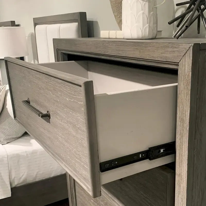 Roundhill Furniture Ennesley Gray Wood Bedroom Set with Upholstered Panel Bed, Dresser, Mirror, Nightstand, and Chest
