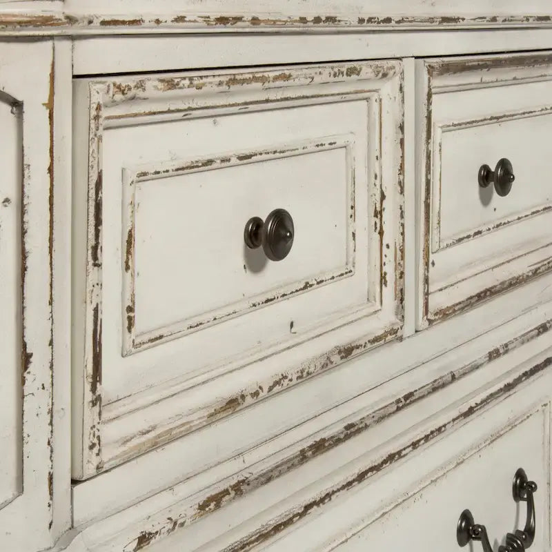 Magnolia Manor Antique White & Weathered Bark Upholstered Sleigh Bed, Dresser and Mirror Set