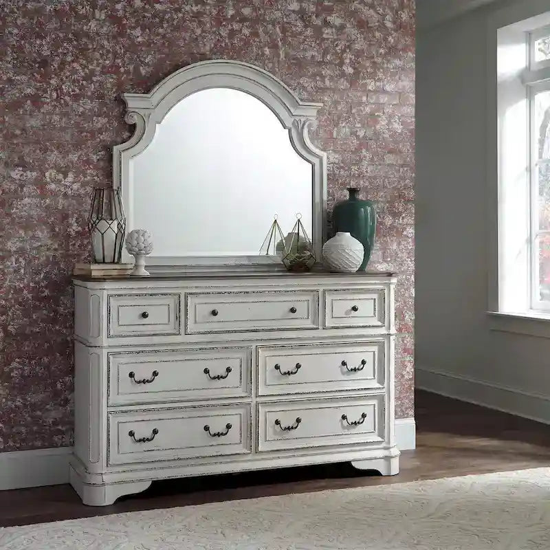 Magnolia Manor Antique White & Weathered Bark Upholstered Sleigh Bed, Dresser and Mirror Set