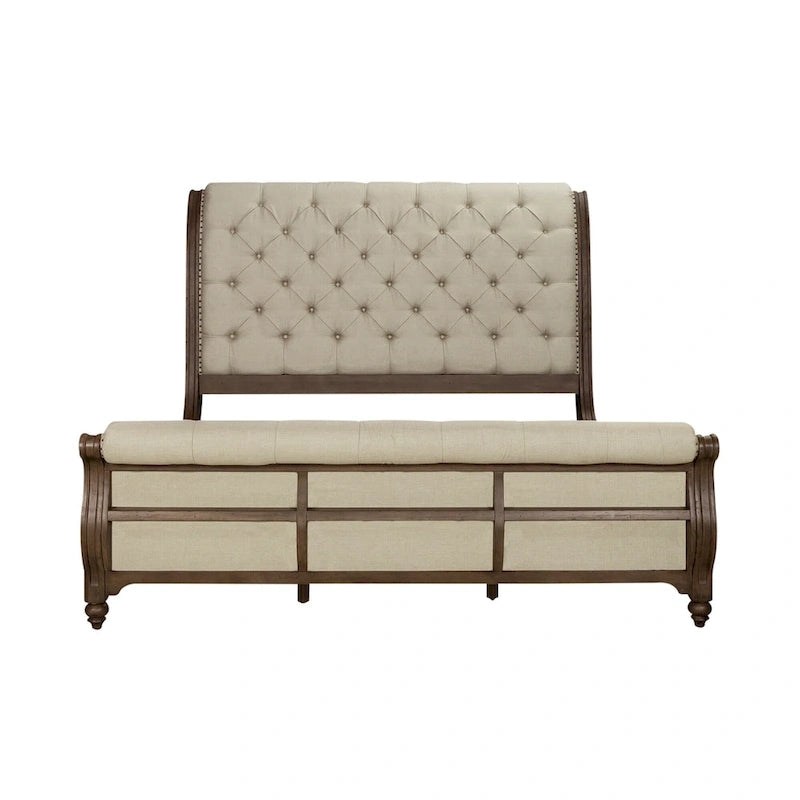 Americana Farmhouse Sleigh Bed, Dresser, Mirror, and Nightstand Bedroom Set