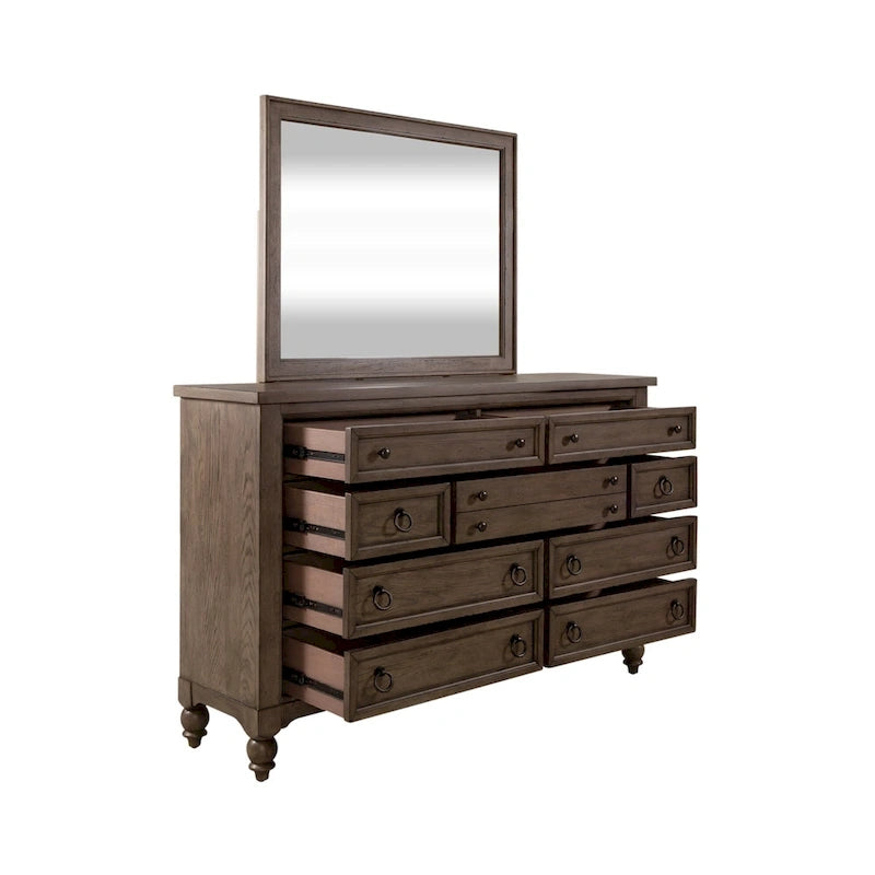 Americana Farmhouse Sleigh Bed, Dresser, Mirror, and Nightstand Bedroom Set