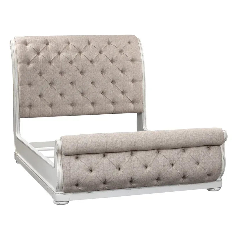Magnolia Manor Antique White & Weathered Bark Upholstered Sleigh Bed, Dresser and Mirror, and Nightstand Set