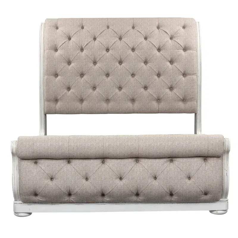 Magnolia Manor Antique White & Weathered Bark Upholstered Sleigh Bed, Dresser and Mirror, and Nightstand Set