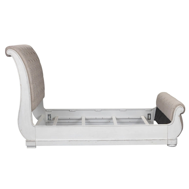Magnolia Manor Antique White & Weathered Bark Upholstered Sleigh Bed, Dresser and Mirror, and Nightstand Set