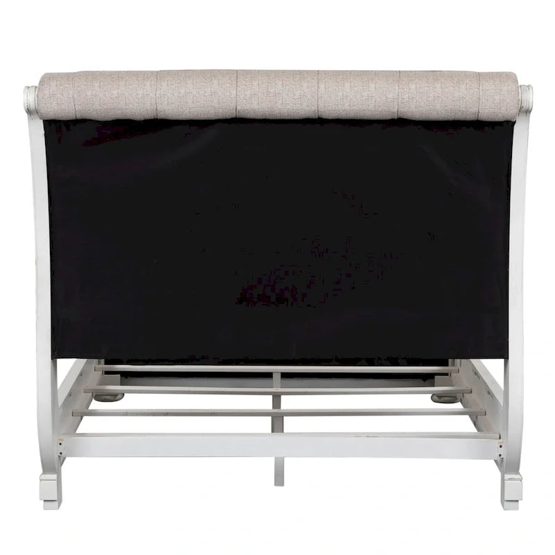 Magnolia Manor Antique White & Weathered Bark Upholstered Sleigh Bed, Dresser and Mirror, and Nightstand Set