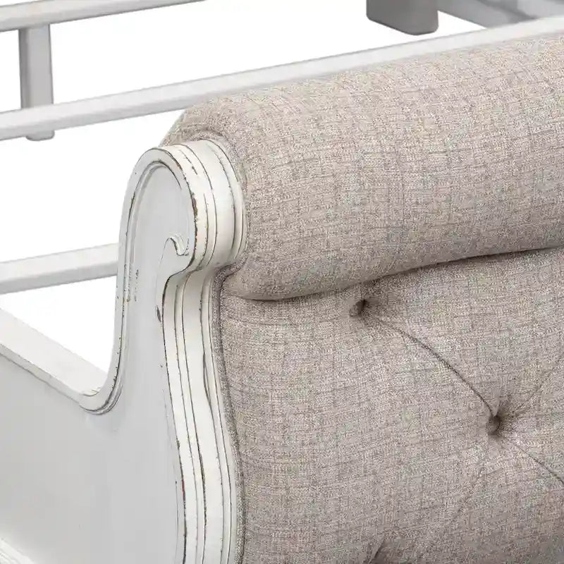 Magnolia Manor Antique White & Weathered Bark Upholstered Sleigh Bed, Dresser and Mirror, and Nightstand Set