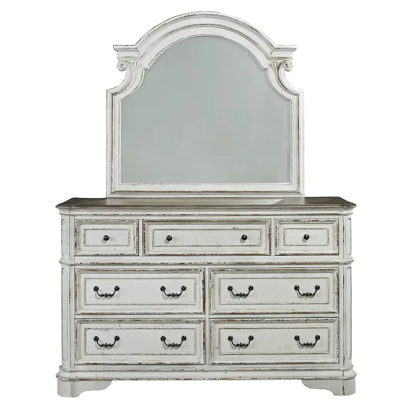 Magnolia Manor Antique White & Weathered Bark Upholstered Sleigh Bed, Dresser and Mirror, and Nightstand Set