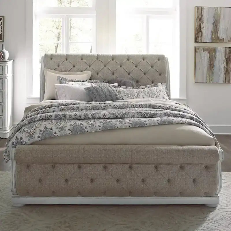 Magnolia Manor Antique White & Weathered Bark Upholstered Sleigh Bed, Dresser and Mirror, and Nightstand Set